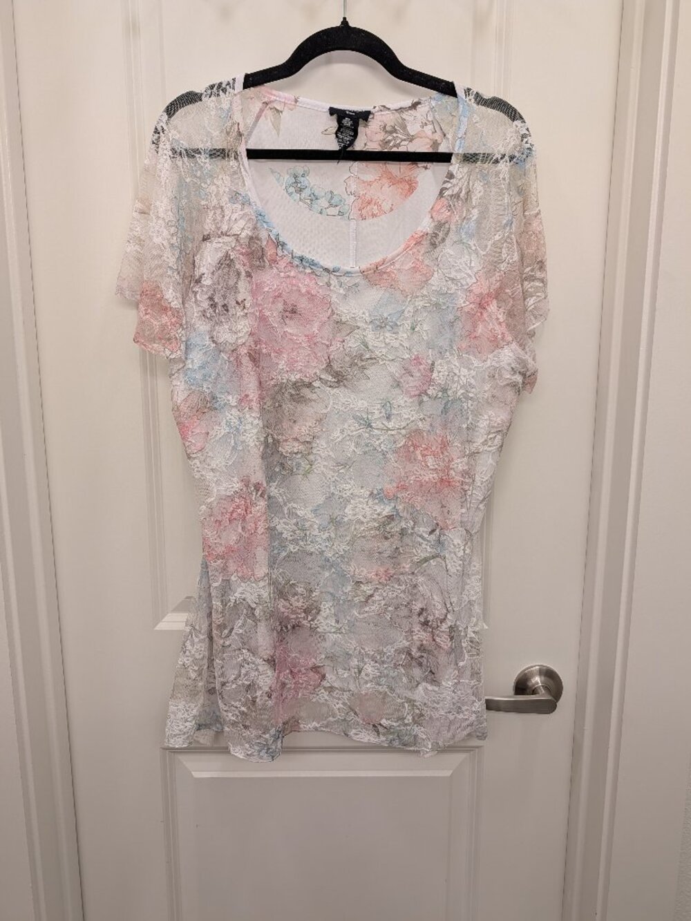 Brittany Black 2X Plus Floral Sheer Overlay Tunic Top Short Sleeve Cottagecore